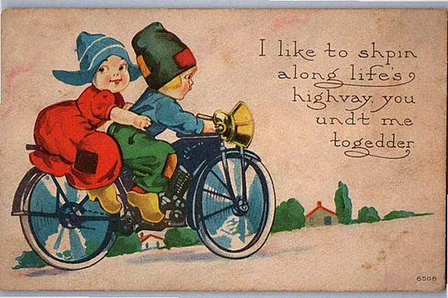 1915 Dutch Kids Riding Bicycle Motorcycle I Like To Shpin Along Life's Postcard