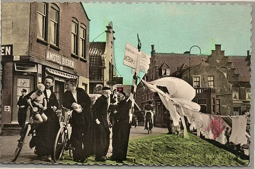 Bicycle Kids in Volendam ~ Vintage Dutch Photo RPPC Amstel Beer Sign Photo 1950s