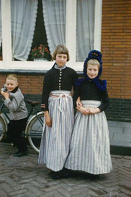 c1960's Kodachrome 35mm Slide Dutch Children Folk Costume Bicycle Netherlands