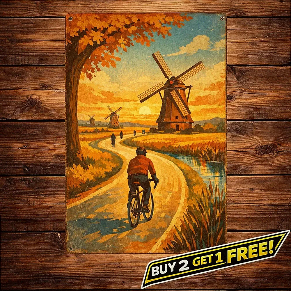 Cycling Bicycle Dutch Windmill Countryside Vintage Metal Tin Sign 8x12