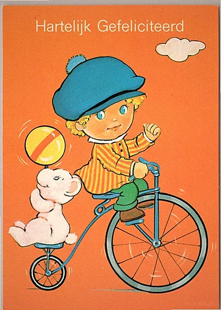 Dutch Greeting Bicycle Child Teddy Bear Balloon Hartelijk Gefeliciteerd Postcard
