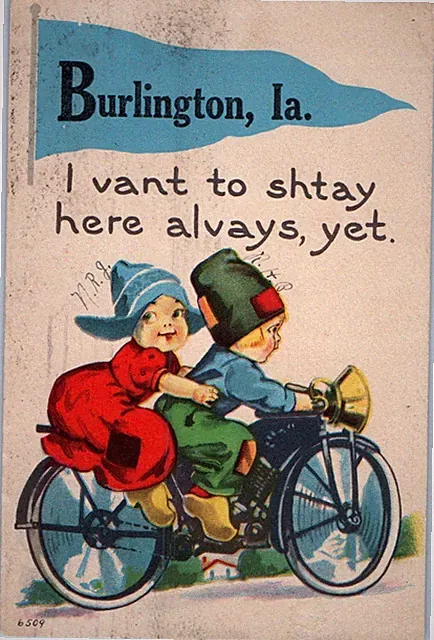 Dutch Kids Postcard Riding Bicycle Burlington Iowa IA Pennant 1914 Antique