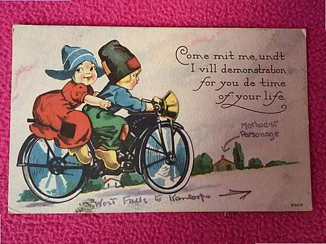 FUNNY vintage POSTCARD humor TIME OF THEIR LIFE bicycle DUTCH CLOGS kids