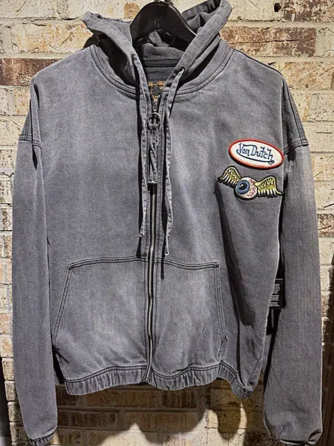 Men’s Large Von Dutch Flying Eye Hooded Zip Up Faded Black Jacket | Relaxed Fit