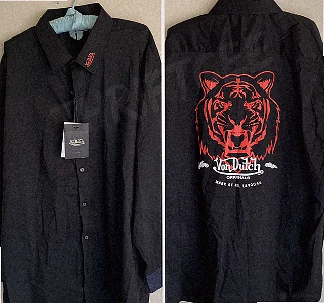 NWT 3XL Von Dutch Red Tiger Black Button Shirt Denim Cuff Motorcycle Y2K Rock