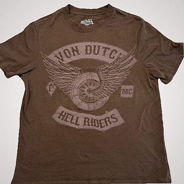 Von Dutch Hell Riders MC Graphic T Shirt Brown Biker Size S Y2K Biker Grunge