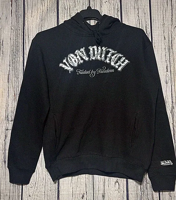Von Dutch Hoodie Black Mens Med White Spellout Center Logo 3D Fleece Drawstring