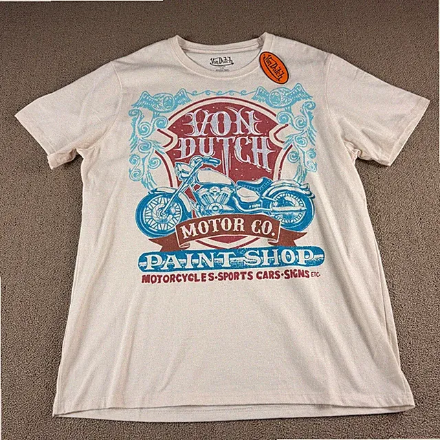 Von Dutch Men's Short Sleeve Graphic Tee Shirt Cream Size Large Motorcycle NWT