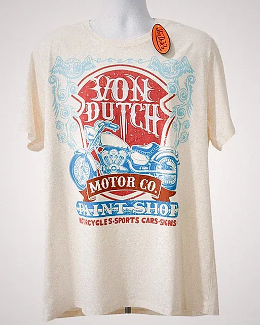 Von Dutch T Shirt Mens Size XL Cream Motorcycle Themed Embroidered Cotton Blend