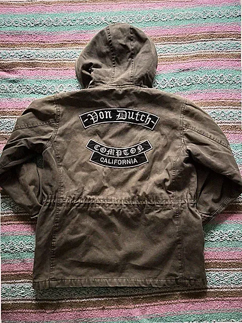 Von Dutch Y2K Vintage Hooded Parka Black Fur Lined Size L Patches